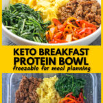 White bowl with low carb keto breakfast bowl and text overlay.