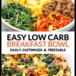 White bowl with low carb keto breakfast bowl and text overlay.