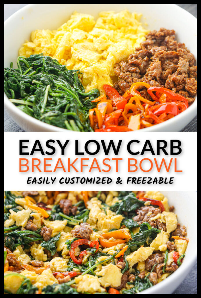 White bowl with low carb keto breakfast bowl and text overlay.