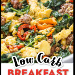 White bowl with low carb keto breakfast bowl and text overlay.