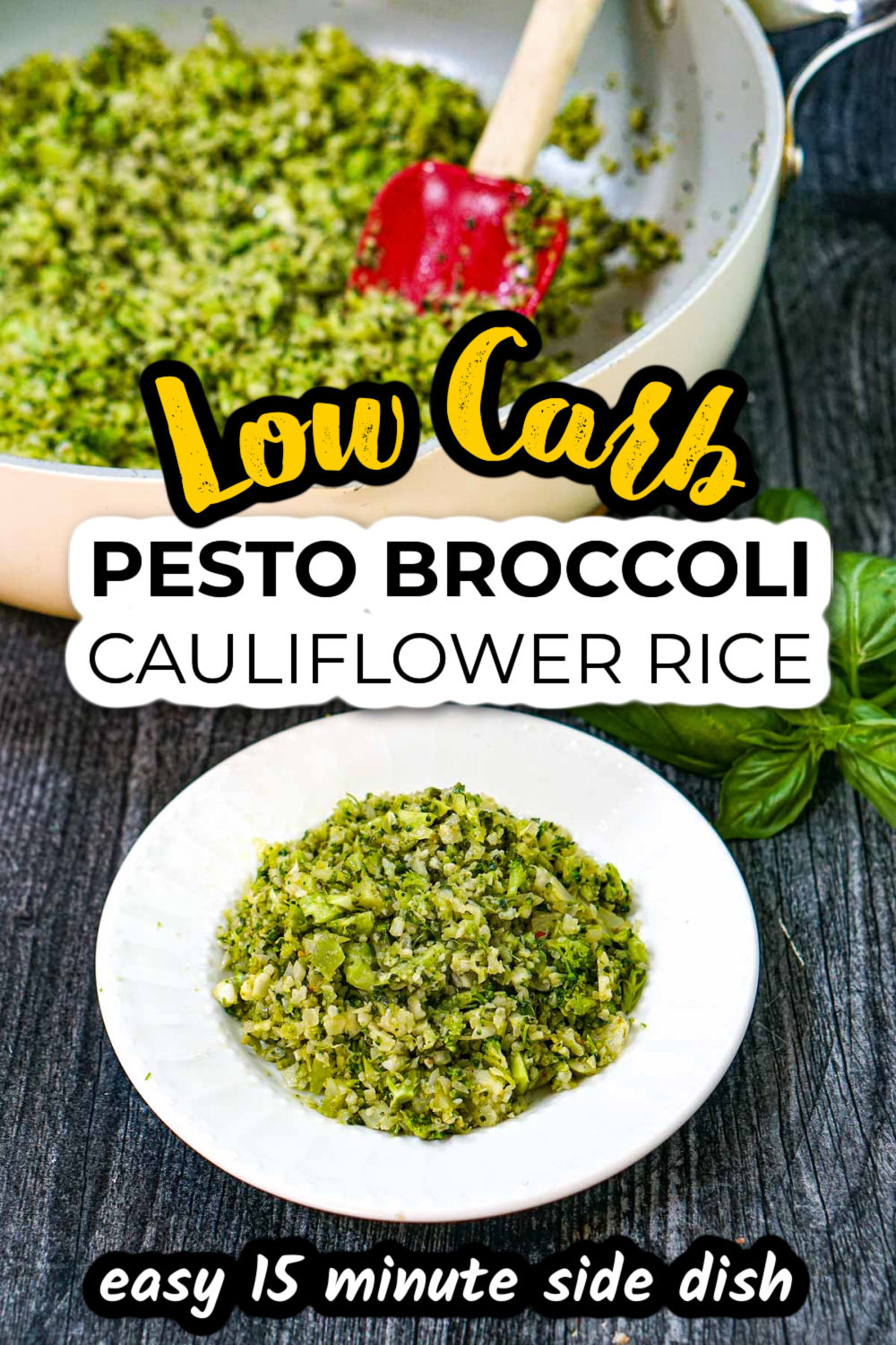 White plate with the low carb pesto broccoli cauliflower rice and text.
