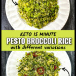 White plates with the low carb pesto broccoli cauliflower rice and text.