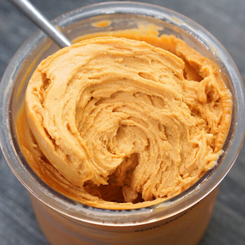 Closeup of a Ninja container of keto pumpkin protein ice cream.