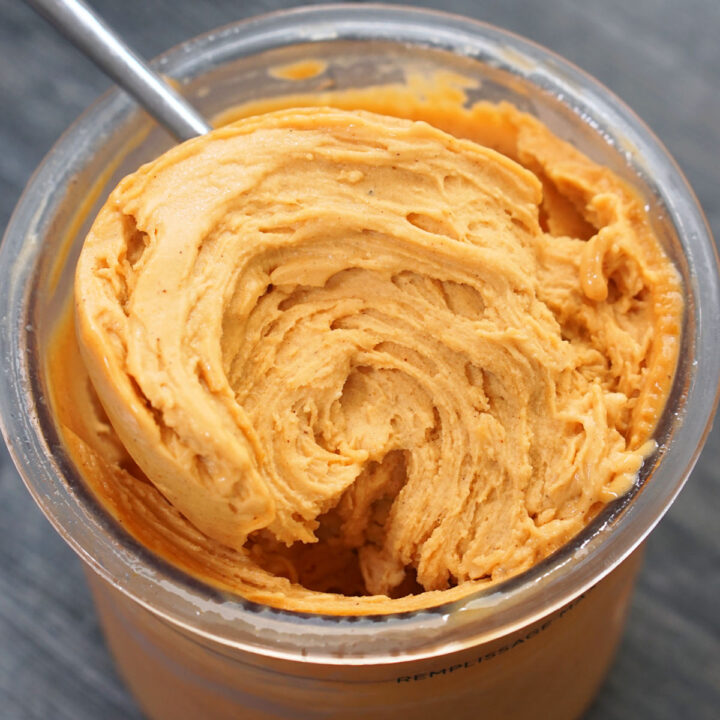 Closeup of a Ninja container of keto pumpkin protein ice cream.