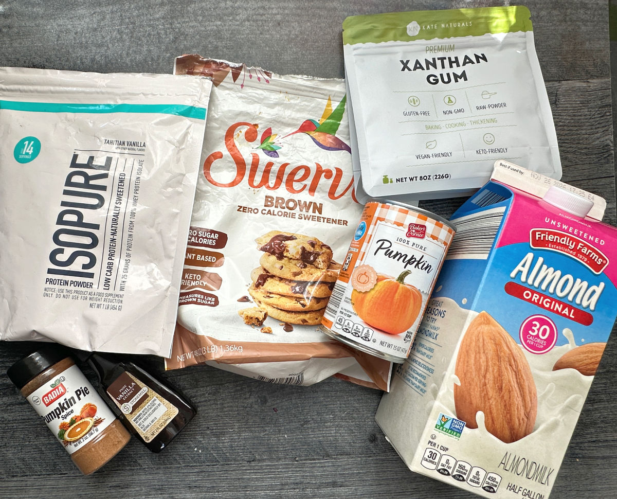 Recipe ingredients - pure pumpkin, almond milk, xanthan gum, swerve brown sugar, protein powder, vanilla and pumpkin pie spice.
